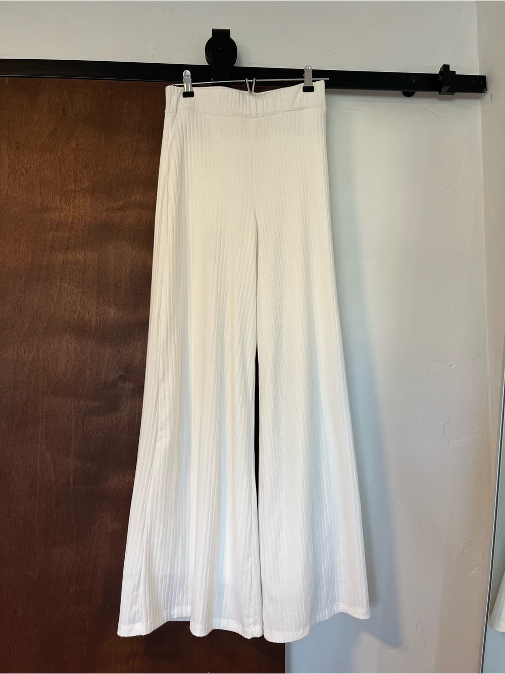 High-Waist Wide Leg Cream Ribbed Pants